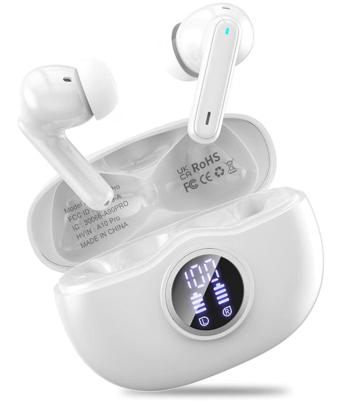 A10 Pro white wireless earbuds with battery display charging case